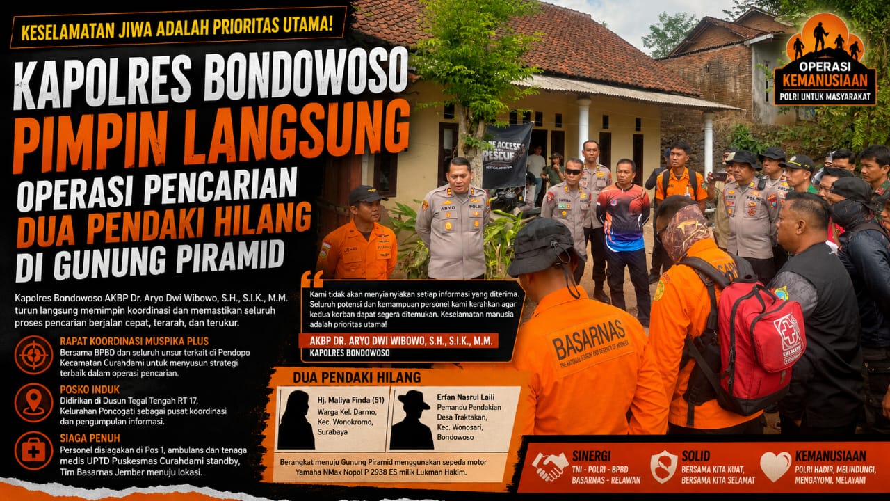 Kapolres Bondowoso Pimpin Langsung Operasi Pencarian Dua Pendaki Hilang di Gunung Piramid