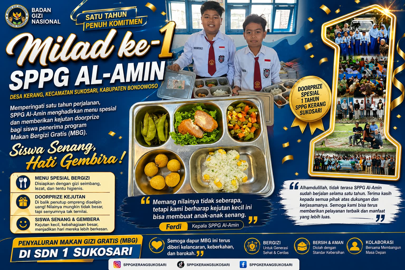 Satu Tahun SPPG Al-Amin Kerang, Siswa SDN 1 Sukosari Dapat Menu Spesial hingga Kejutan Doorprize